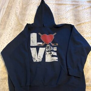 Gildan Black Hoodie with Red Heart and Hockey Sticks
